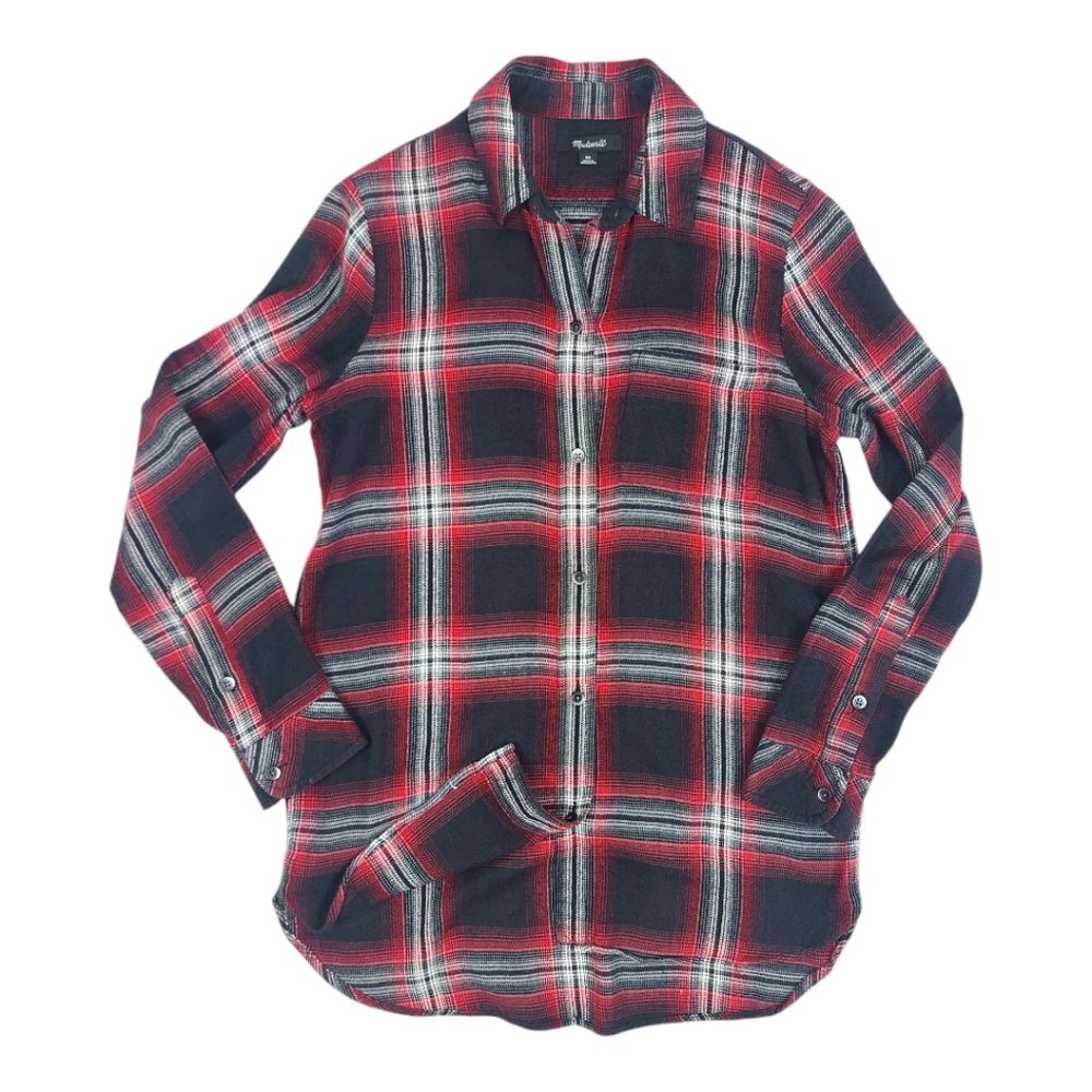 Madewell Button Up Flannel Shirt Top Blouse Black Red White Size XS
